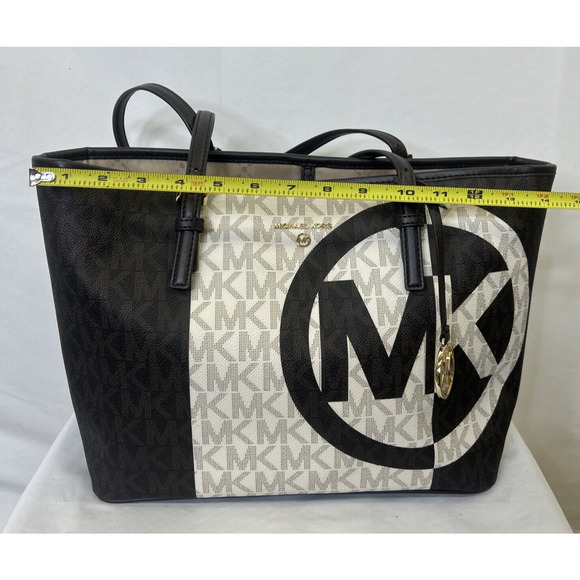 MICHAEL KORS Jet Set Charm Multi Carryall Tote Brown/Ivory LOGO Pattern Purse - Picture 13 of 16
